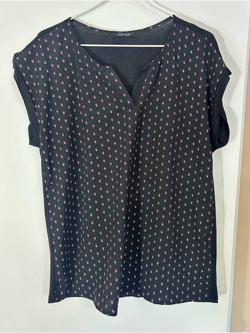 Papermoon Black Mixed Media Blouse with Pink Flower Motif, Women’s Medium